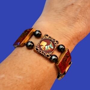 3/$30 COPPER Tile Enamel Abalone Chips Hematite Beaded Stretch Bracelet